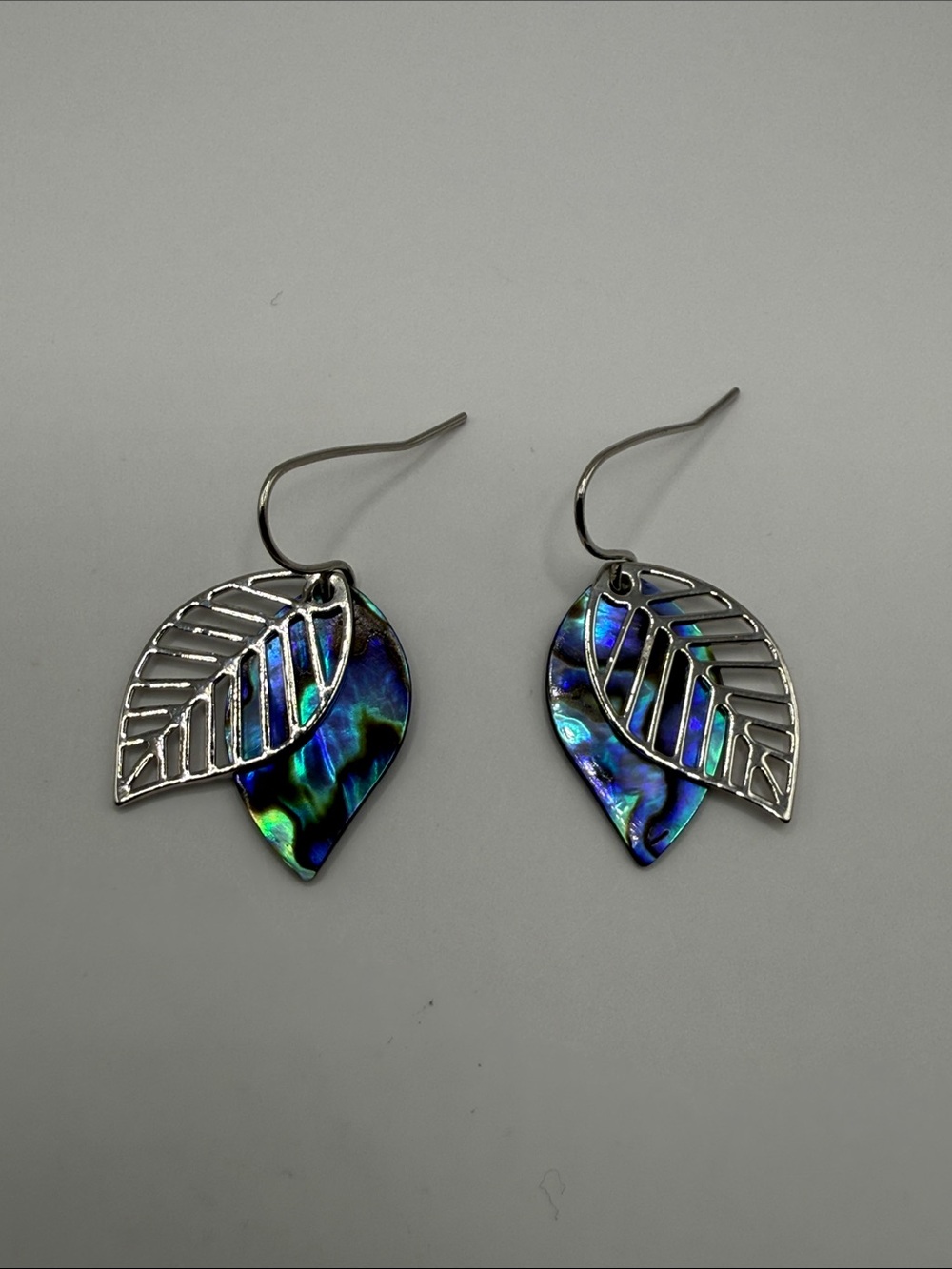 Vintage Silver Tone Abalone Leaf Dangle Drop Statement Earrings